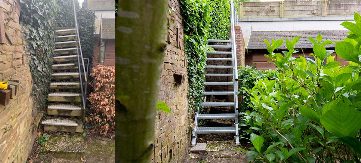 Rechts oude trap hout, links nieuwe trap metaal en onderhoudsvrij